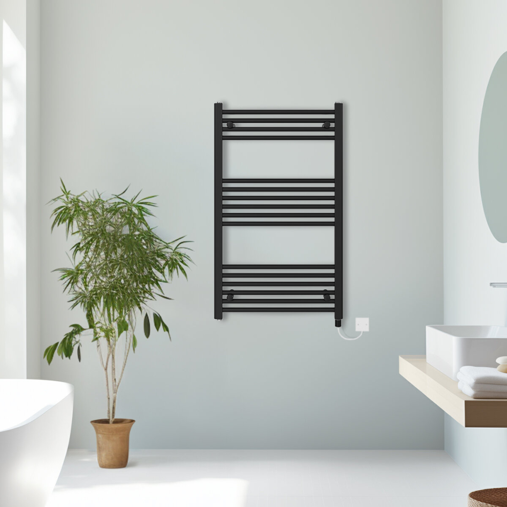 (Black, 1000x600mm) Prefilled Electric Straight Heated Towel Rail Radiator Ladder Warmer