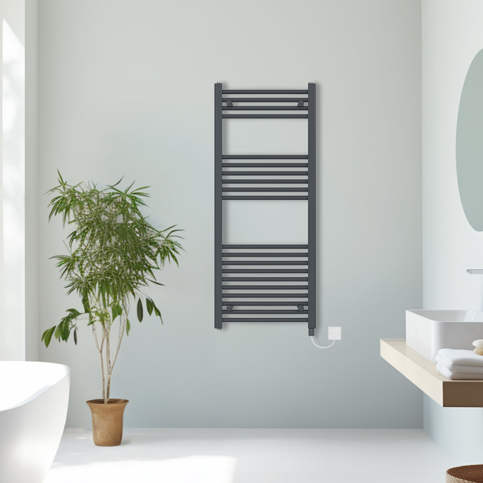 (Anthracite, 1200x500mm) Prefilled Electric Straight Heated Towel Rail Radiator Ladder Warmer