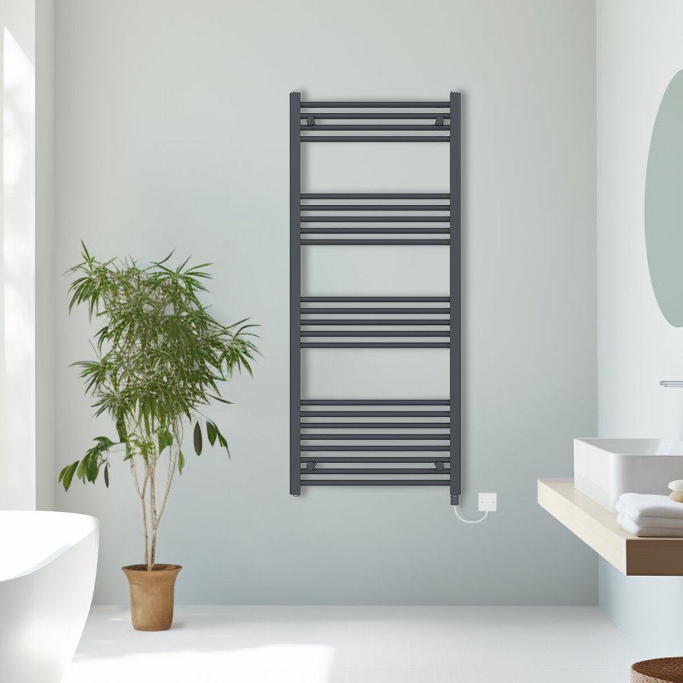 (Anthracite, 1400x600mm) Prefilled Electric Straight Heated Towel Rail Radiator Ladder Warmer