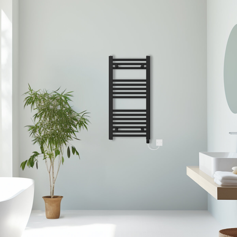 (Black, 800x400mm) Prefilled Electric Straight Heated Towel Rail Radiator Ladder Warmer