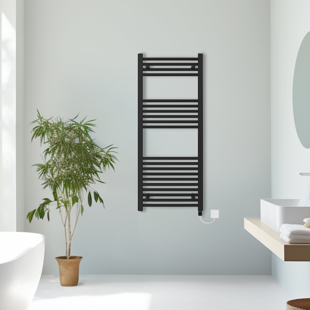 (Black, 1200x500mm) Prefilled Electric Straight Heated Towel Rail Radiator Ladder Warmer