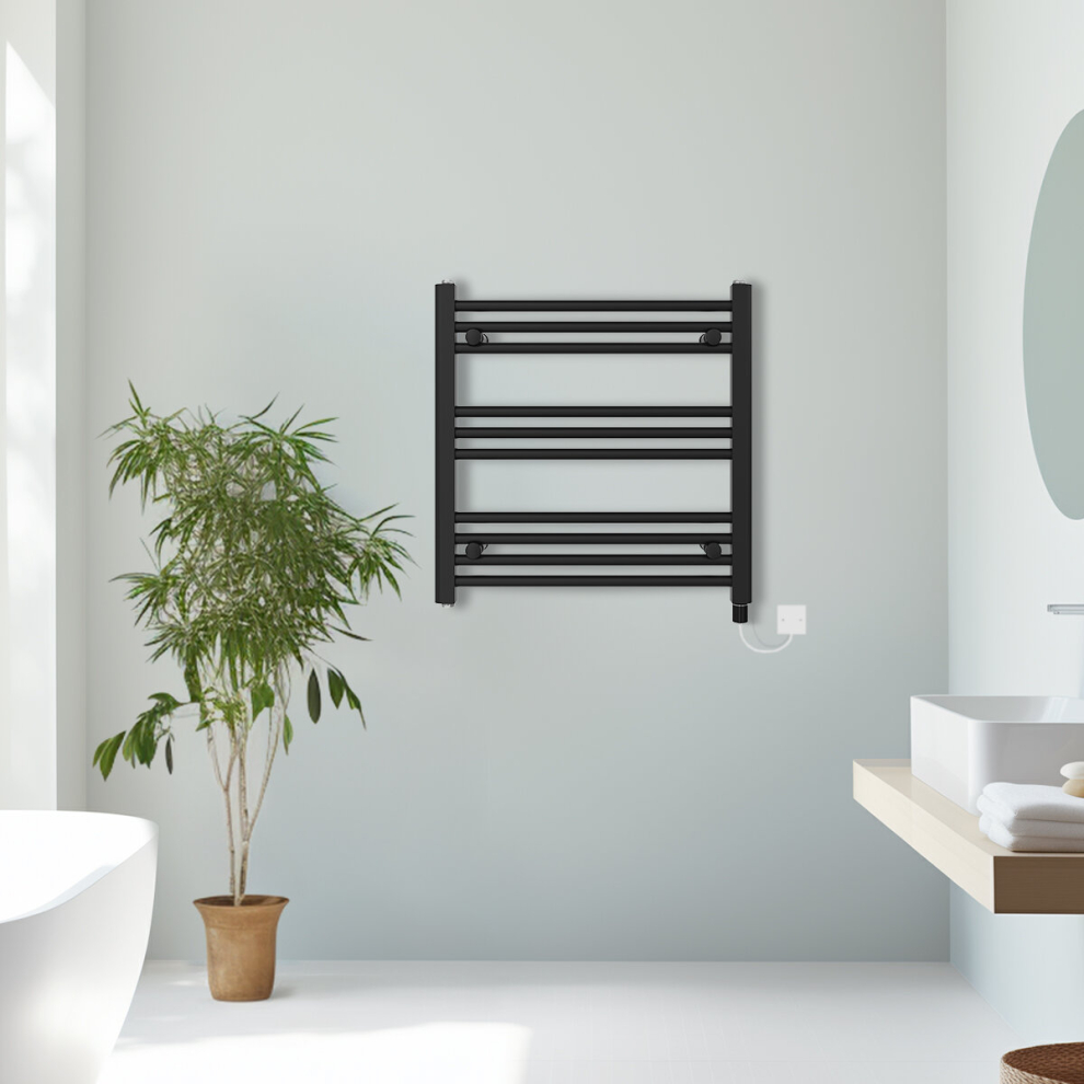 (Black, 600x600mm) Prefilled Electric Straight Heated Towel Rail Radiator Ladder Warmer