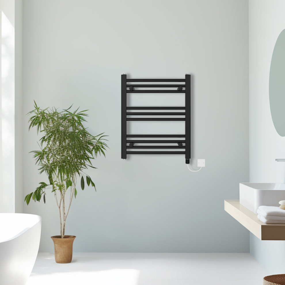 (Black, 600x500mm) Prefilled Electric Straight Heated Towel Rail Radiator Ladder Warmer