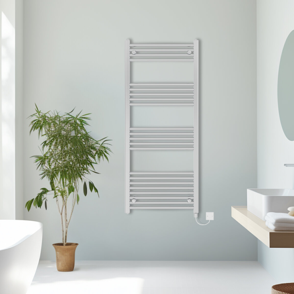 (Chrome, 1400x600mm) Prefilled Electric Straight Heated Towel Rail Radiator Ladder Warmer