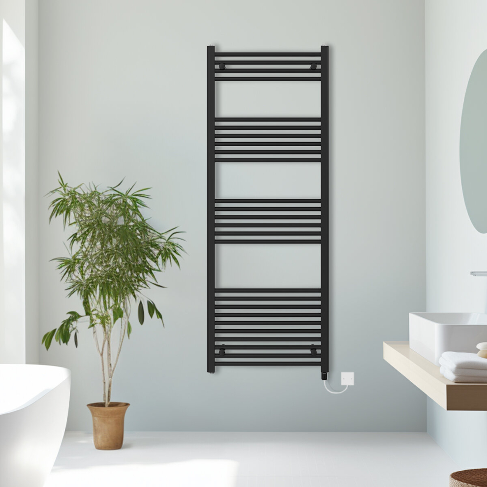 (Black, 1600x600mm) Prefilled Electric Straight Heated Towel Rail Radiator Ladder Warmer