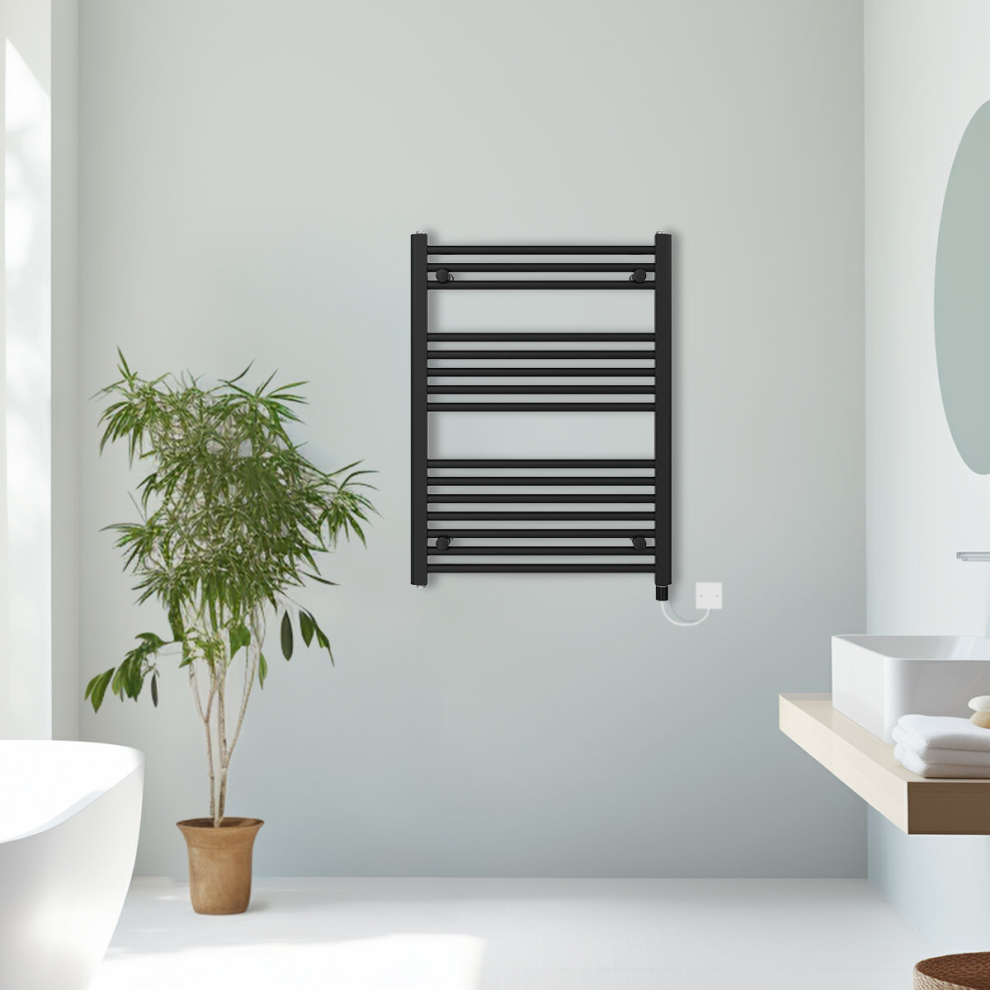 (Black, 800x600mm) Prefilled Electric Straight Heated Towel Rail Radiator Ladder Warmer