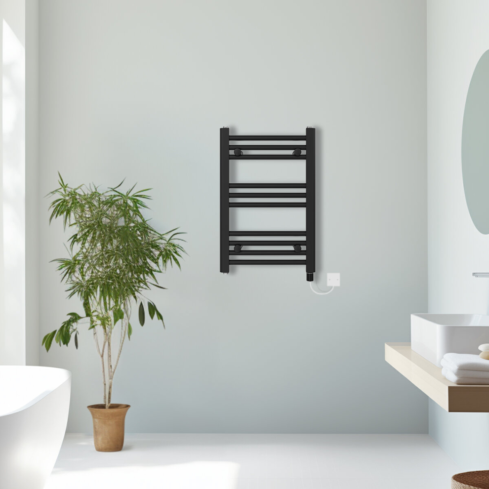 (Black, 600x400mm) Prefilled Electric Straight Heated Towel Rail Radiator Ladder Warmer