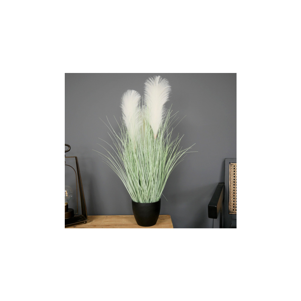Artificial Pampas Grass Flowers Faux House Plant Potted Black Pot