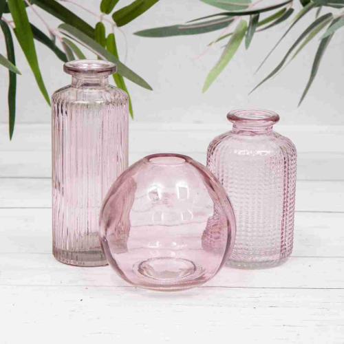 Set of 3 Vintage Pink Glass Bud Vases - Ribbed, Dimpled & Globe Mini Bottles (SV-GL44026-245)