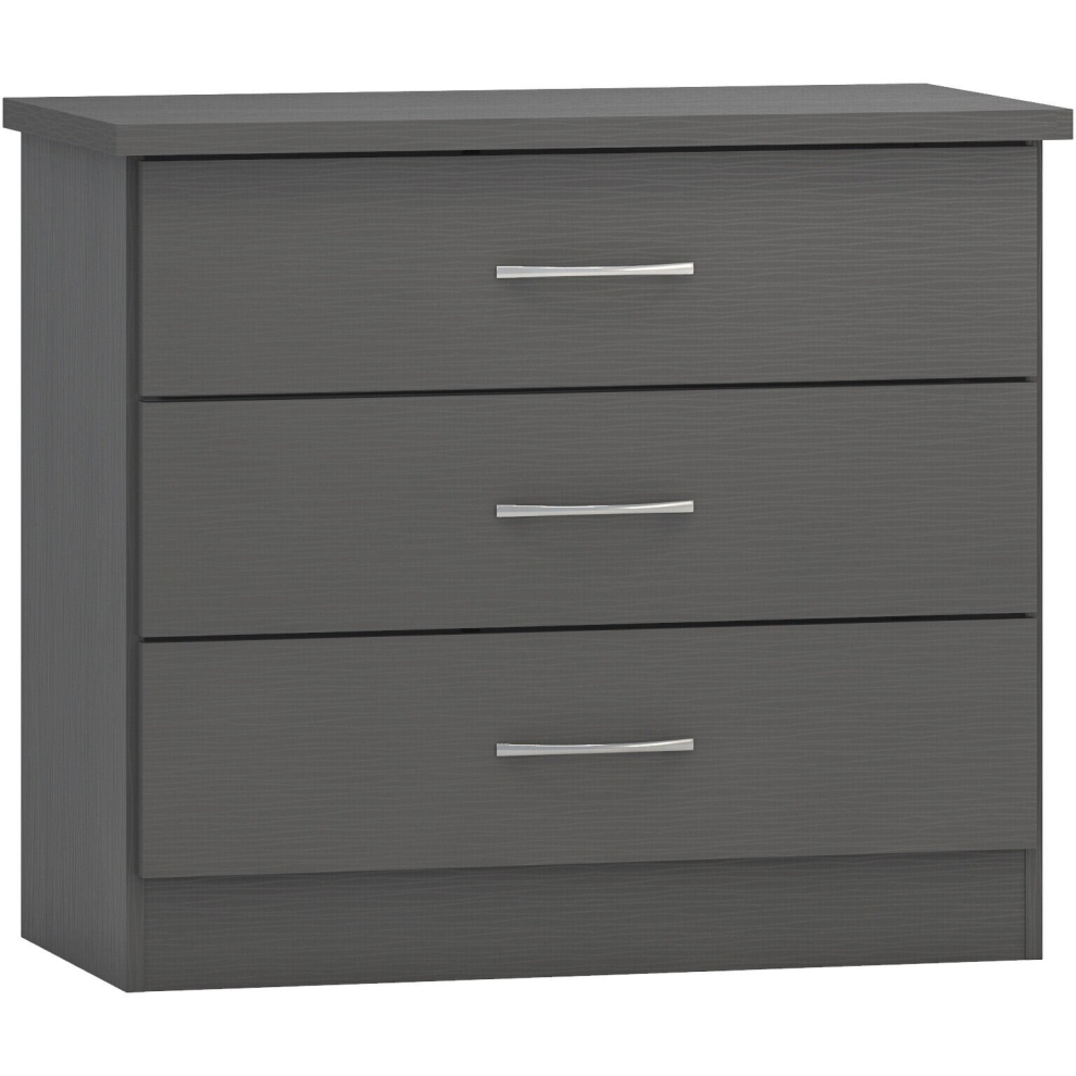 Nevada 3 Drawer Chest of Drawers 3D Effect Grey Metal Runners Handles