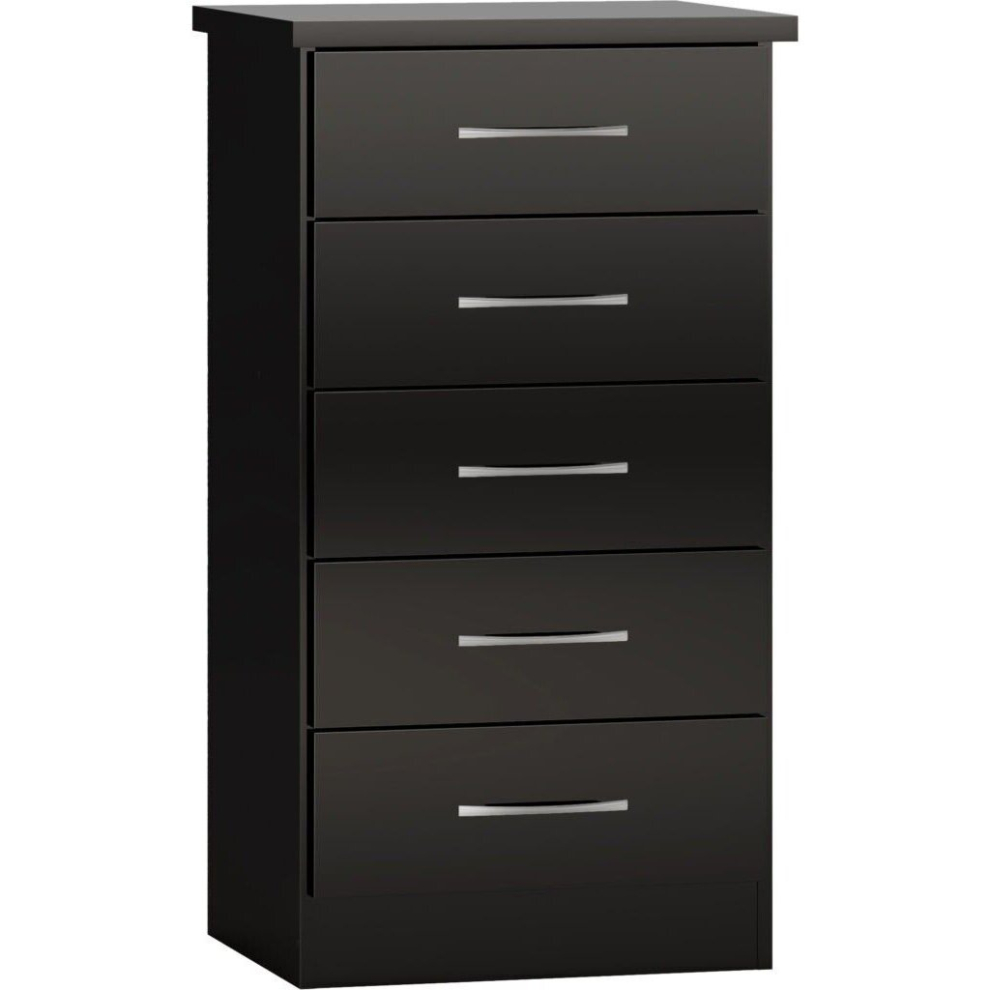 Nevada 5 Drawer Narrow Chest of Drawers  Black Gloss Finish Metal Runners Handle