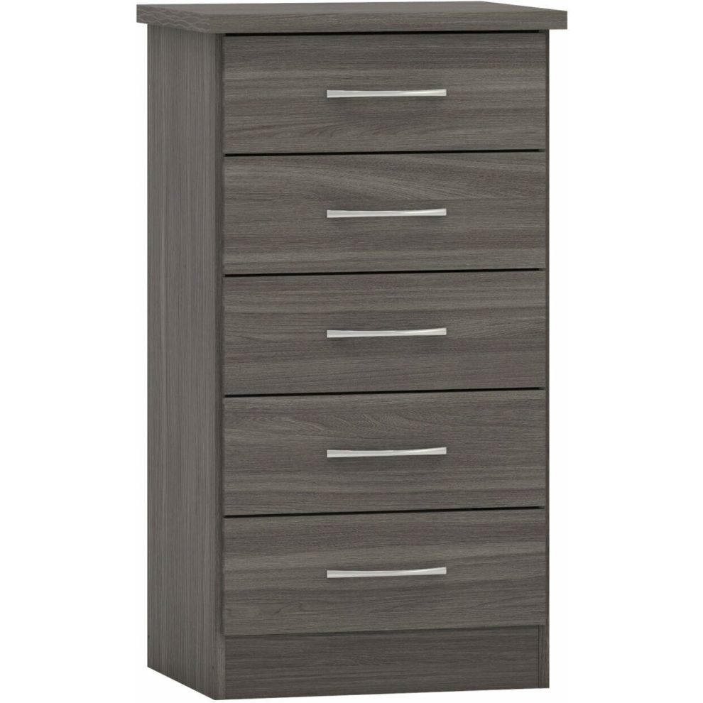 Nevada 5 Drawer Narrow Chest of Drawers Black Wood Grain Effect Metal Runners