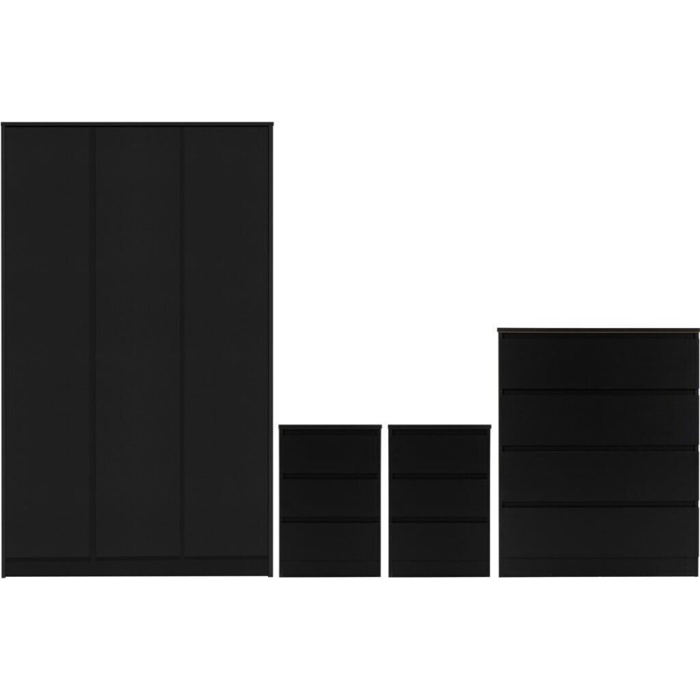 Malvern 3 Door Wardrobe Bedroom Set Black with Chest and x2 Bedsides