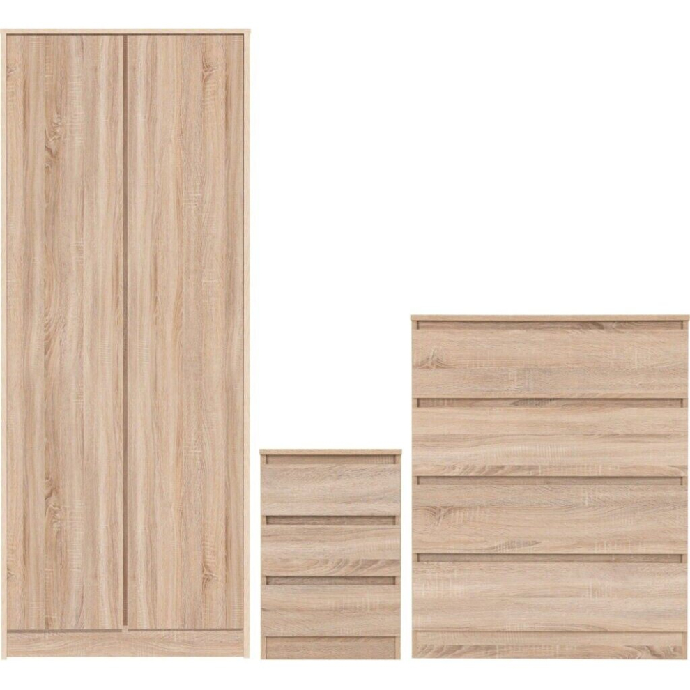 Malvern Trio Bedroom Set Wardrobe Chest of Drawers Bedside Oak Finish