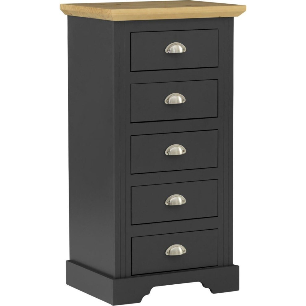 Toledo 5 Drawer Narrow Chest of Drawers Grey and Oak Effect Veneer Metal Runners