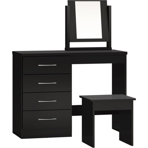 Seconique Nevada 4 Drawer Dressing Table Set Mirror Stool in Black Gloss Finish PU Leather
