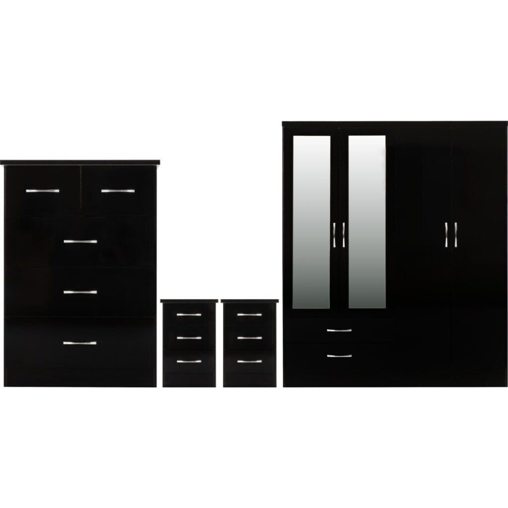 Nevada 4 Door 2 Drawer Mirrored 4 Piece Bedroom Set in Black Gloss Robe Chest