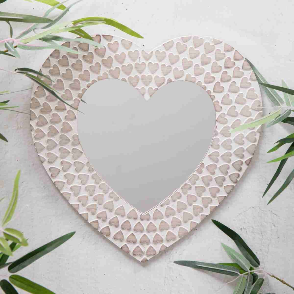 Heart White Washed Wood Neutral Wall Mounted Mirror Boho Decor 30cm