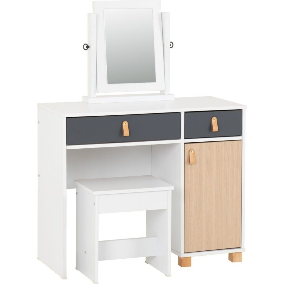 Brooklyn Dressing Table Set Mirror Stool in Oak Effect and Grey Finish