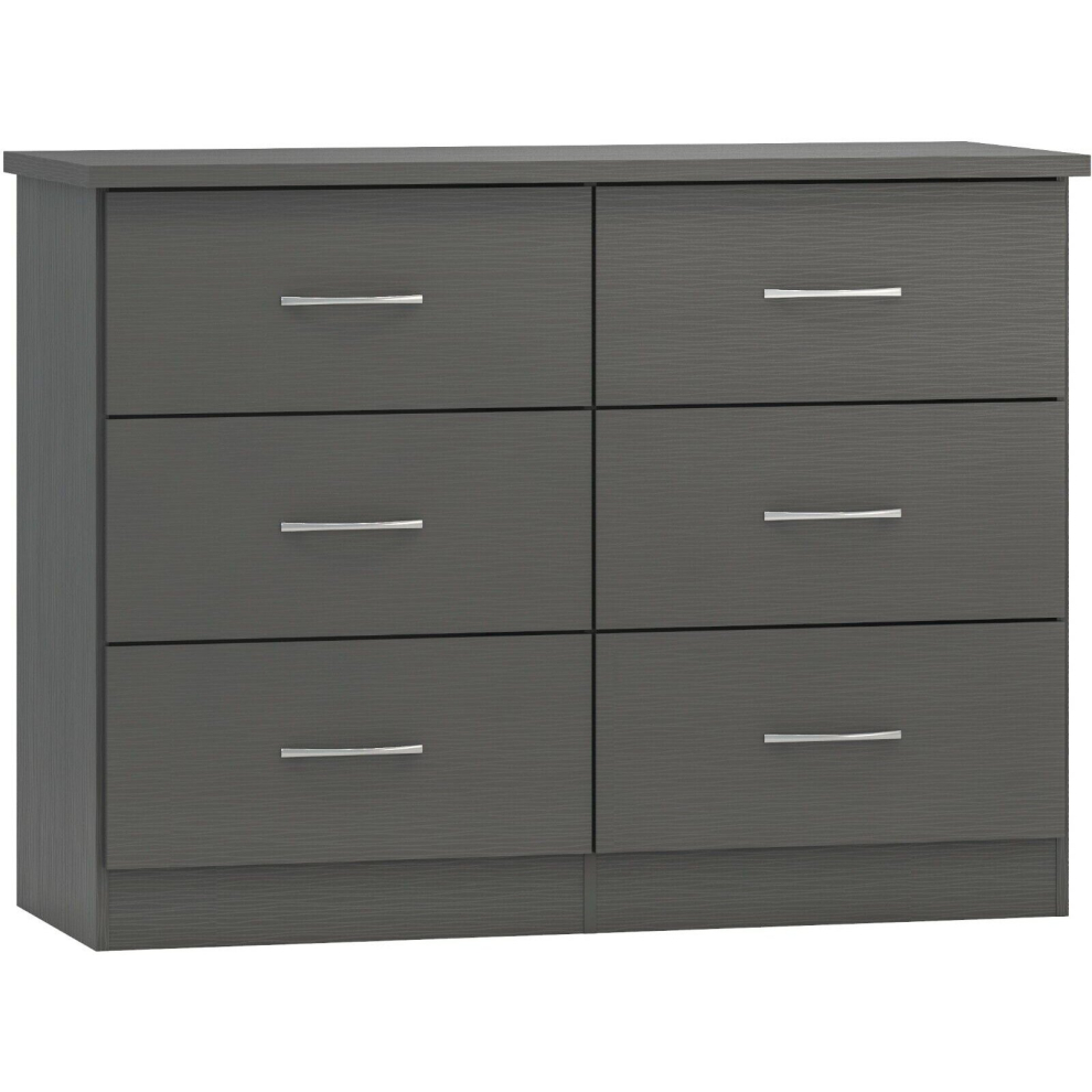 Nevada 6 Drawer Chest of Drawers 3D Effect Grey Metal Runners Handles