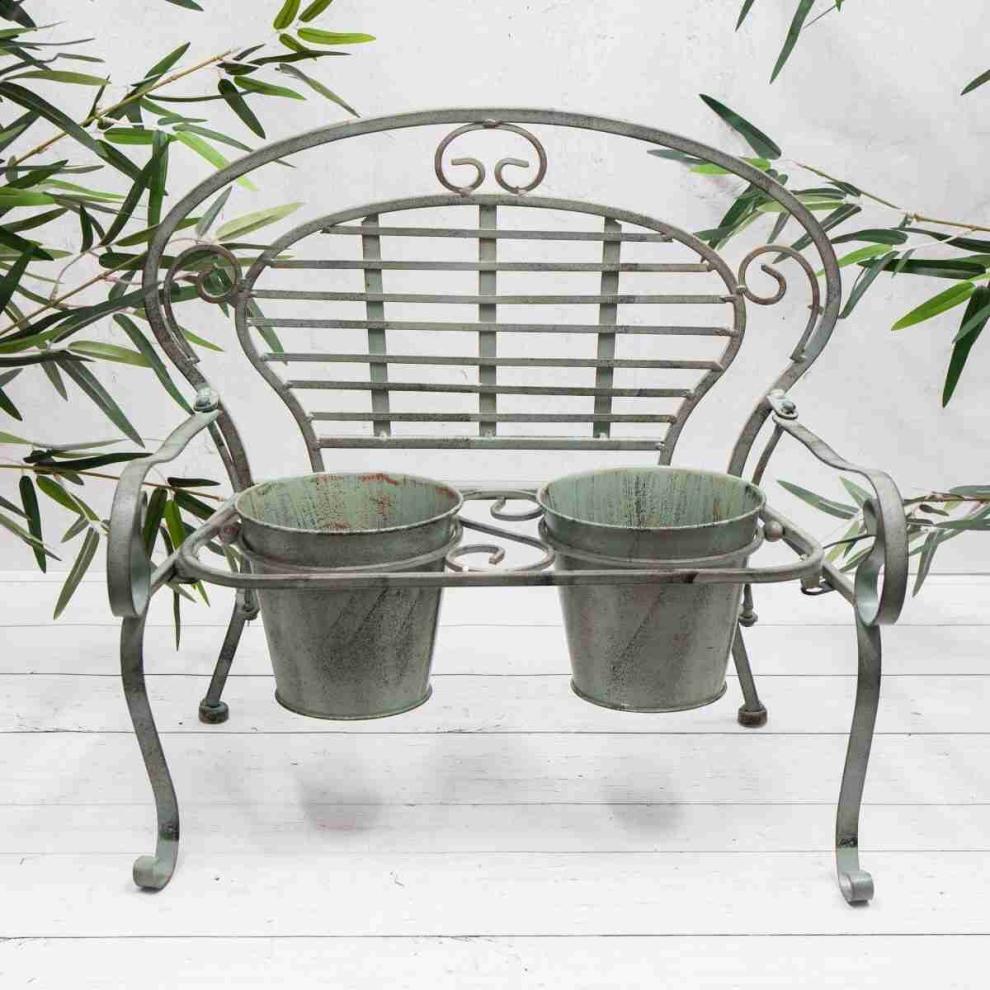 Vintage Bench Green Metal Planter 2 Flower Plant Pots Garden-image-OPC-PDDTCWK-NEW