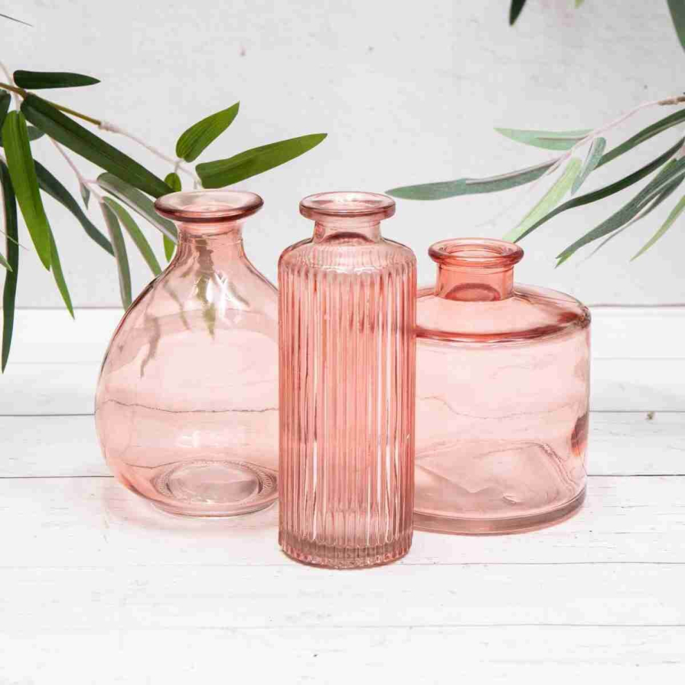 Set 3 Rose Pink Vintage Glass Bottles Small Bud Posy Vases