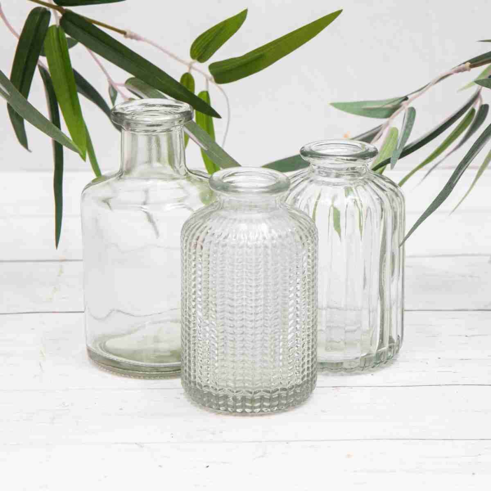 Set of 3 Vintage Clear Glass Bottles Small Bud Vases Ribbed