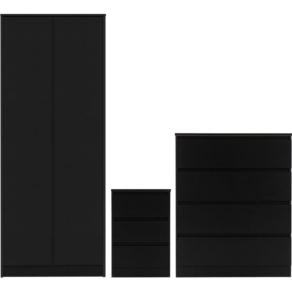 Malvern Trio Bedroom Set Wardrobe Chest of Drawers Bedside Black Finish