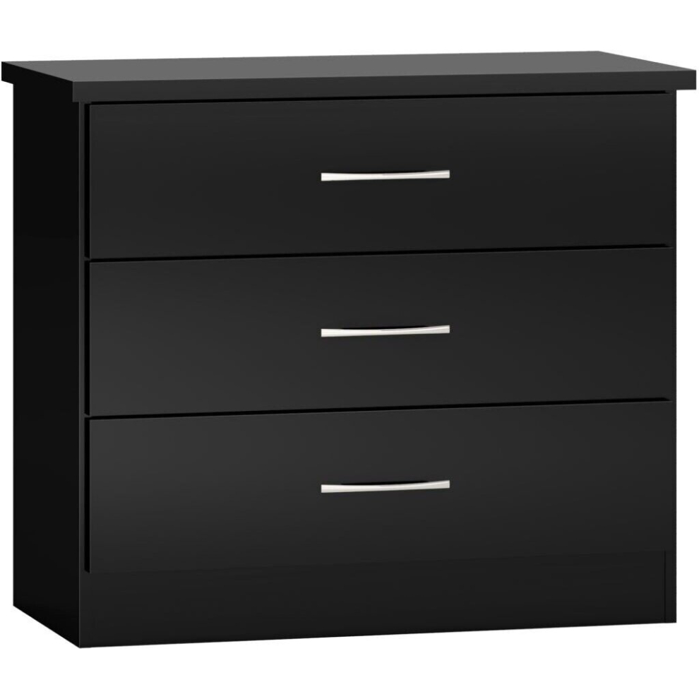Seconique Nevada 3 Drawer Chest Of Drawers In Gloss Finish Metal Runners Handles Black