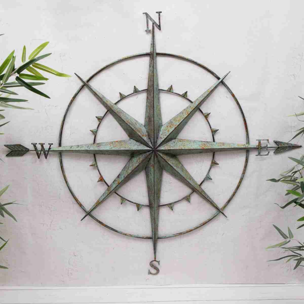 Compass Green Antique Metal Wall Art Garden Vintage Plaque Decor 95cm