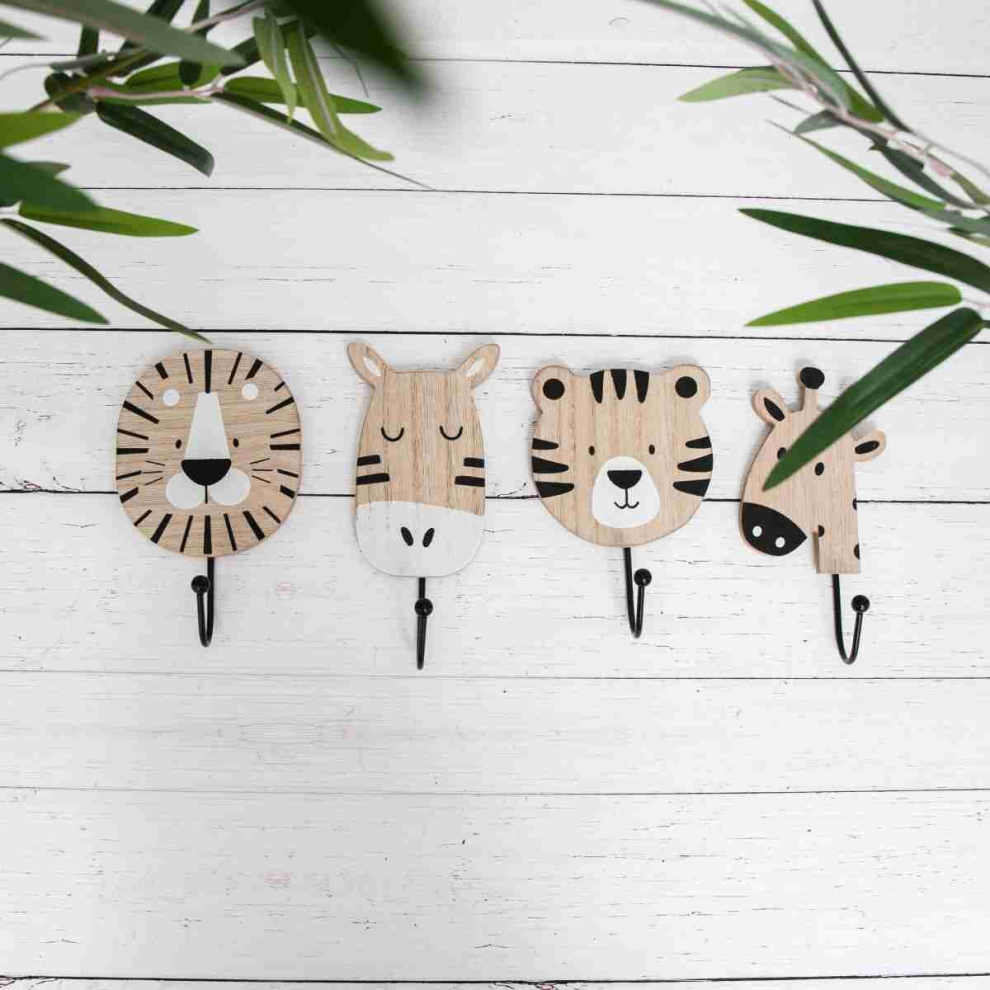 4 Animal Wall Hook Natural Wood Black Metal Jungle Nursery Decor