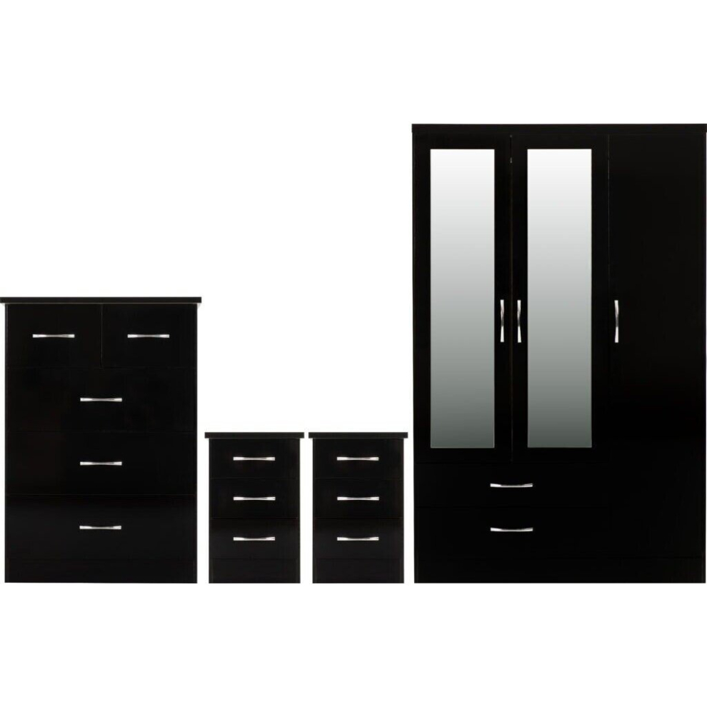 Nevada 3 Door Mirrored 2 Drawer 4 Piece Bedroom Set in Black Gloss Robe Chest