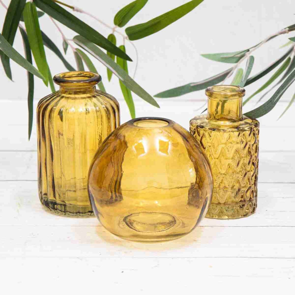 Set of 3 Vintage Yellow Glass Bottles Small Bud Vases Ribbed