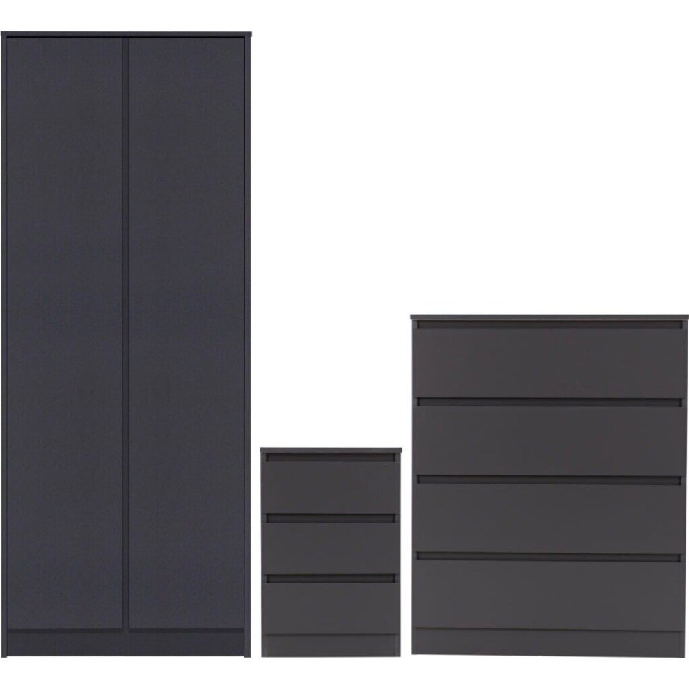Malvern Trio Bedroom Set Wardrobe Chest of Drawers Bedside Grey Finish