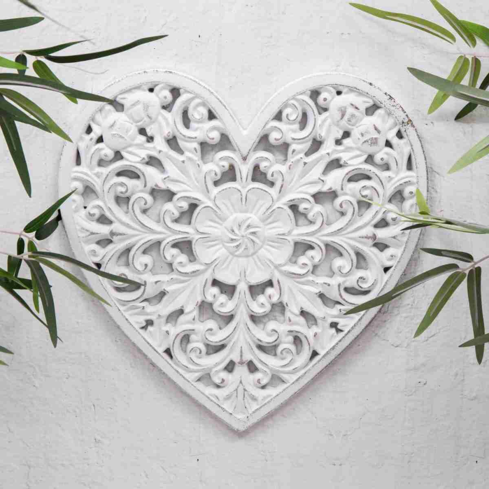 Distressed Heart Carved Wood Floral Wall Art Plaque Sculpture Decor