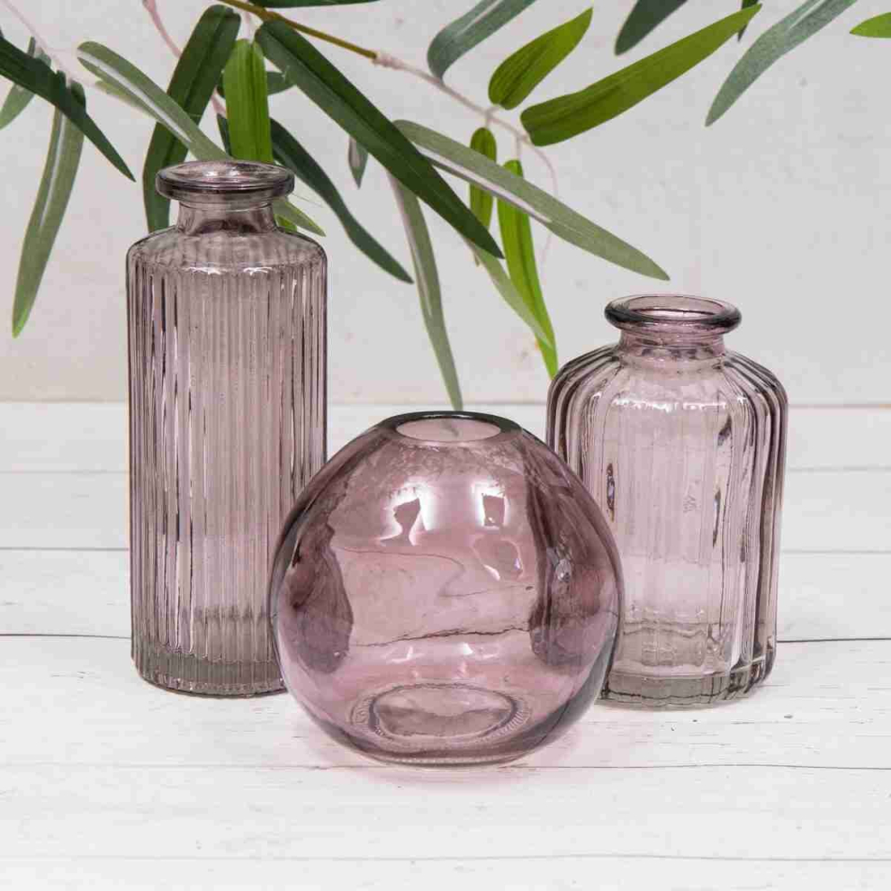 Set of 3 Purple Amethyst Vintage Glass Bottle Flower Display Bud Vases