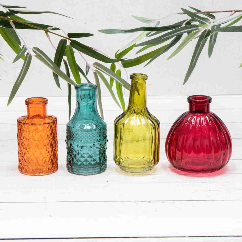 4 Vintage Ribbed Glass Bottles Small Bud Posy Vases Set