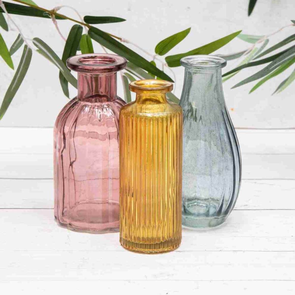Set 3 Vases Grey Pink Amber Glass Vintage Bottle Small Posy Bud Vases