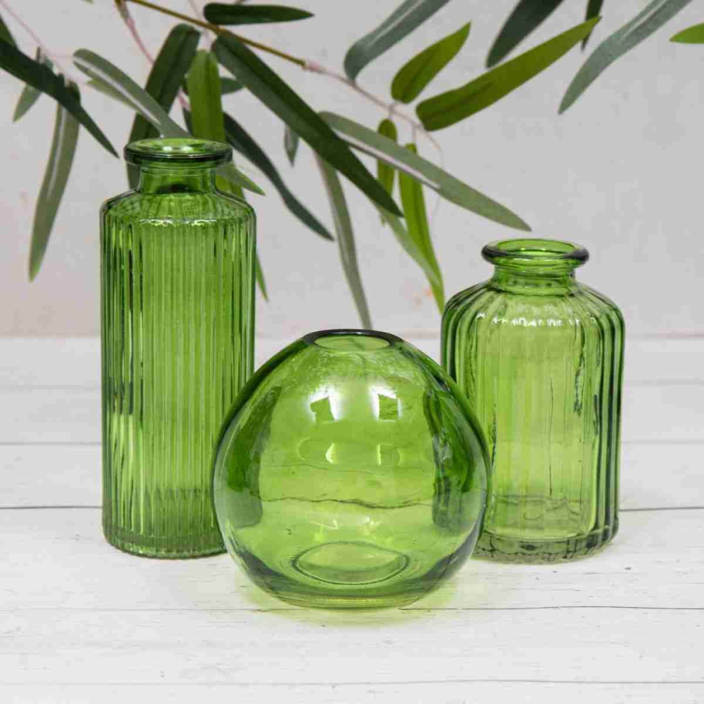 Set of 3 Emerald Green Glass Bottles Mini Small Vintage Bud Vases