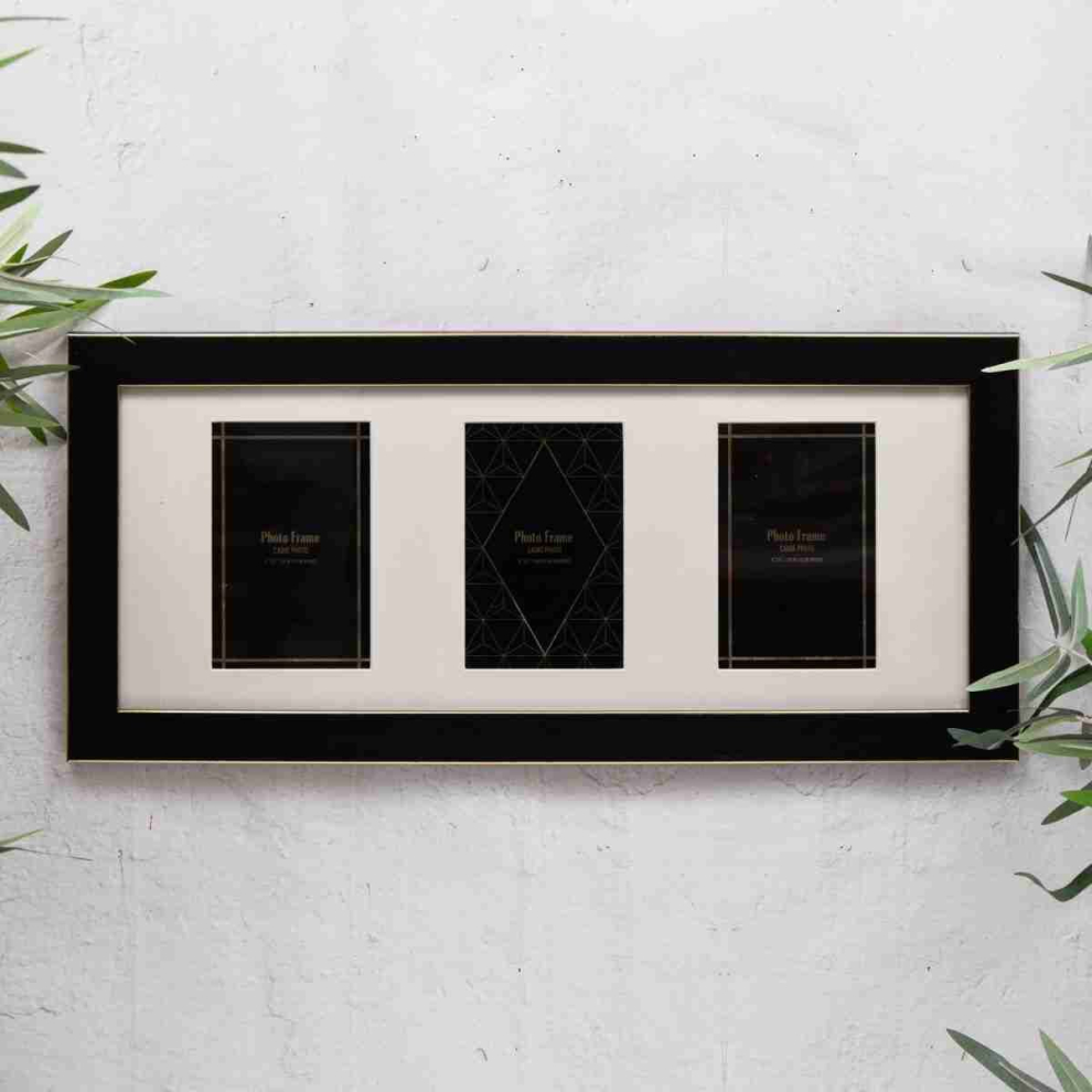 3 Triple Black & Gold Multi Photo Wood Effect Frame Wall Mounted 4x6