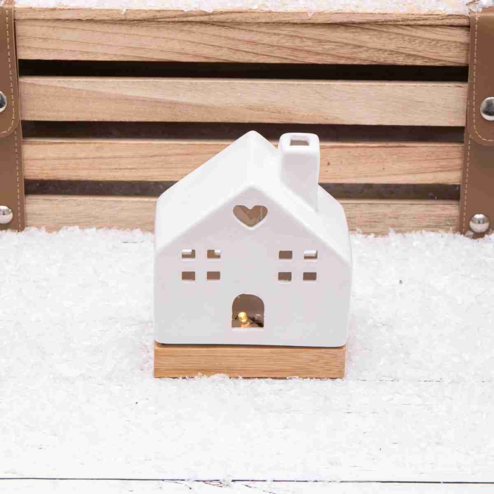 LED White Ceramic Village House Light up Christmas Ornament Wood Base