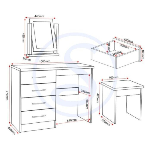 Seconique Nevada 4 Drawer Dressing Table Set Mirror Stool in Black Gloss Finish PU Leather 1