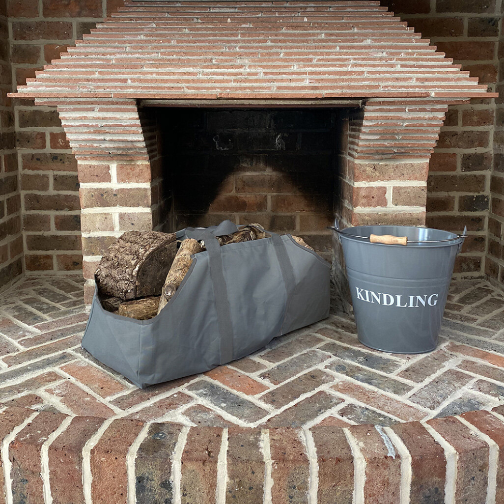 Fireside Kindling Bucket in French Grey with Canvas Log Carrier Bag