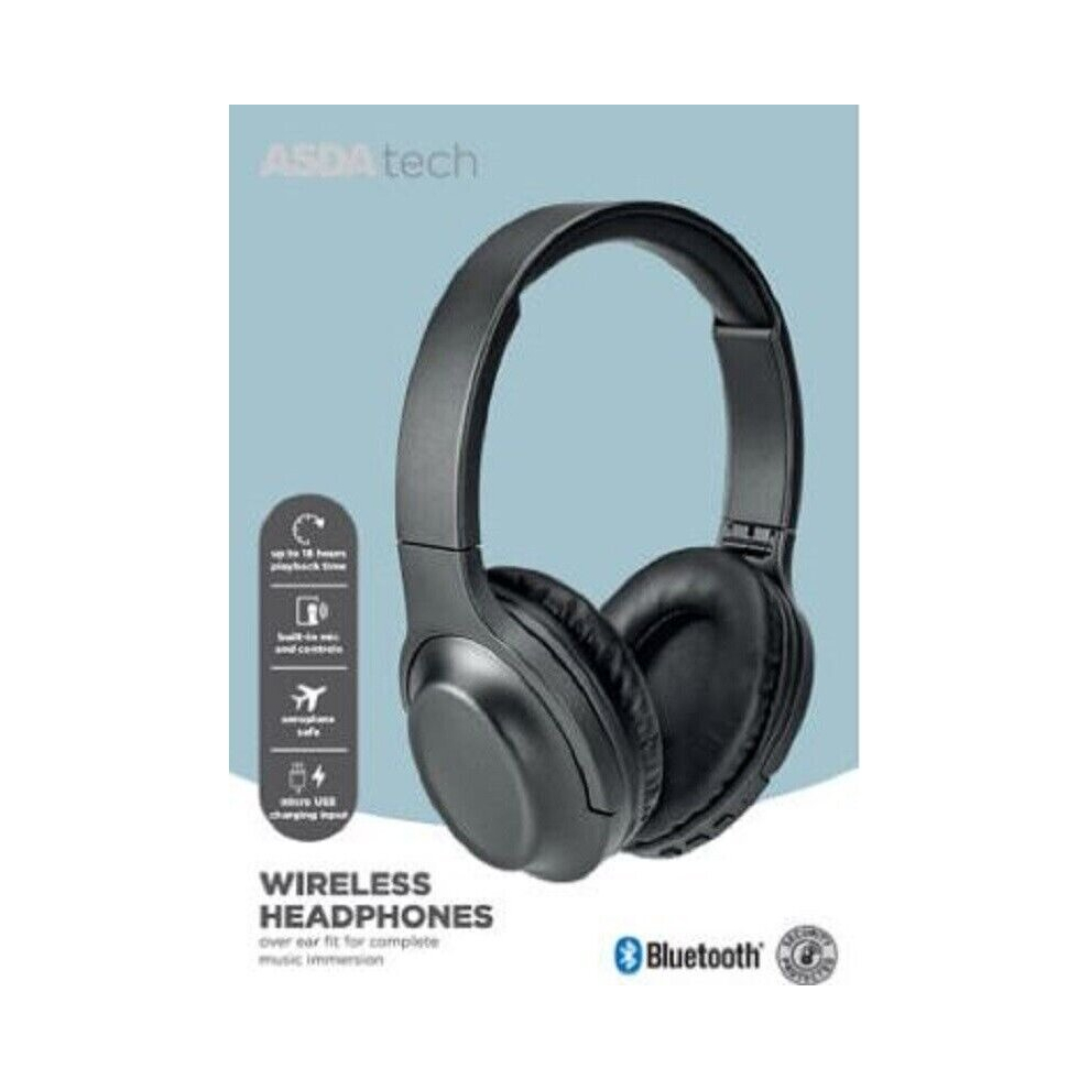 Asda Black Tech Bluetooth Over Ear Headphones Foldable