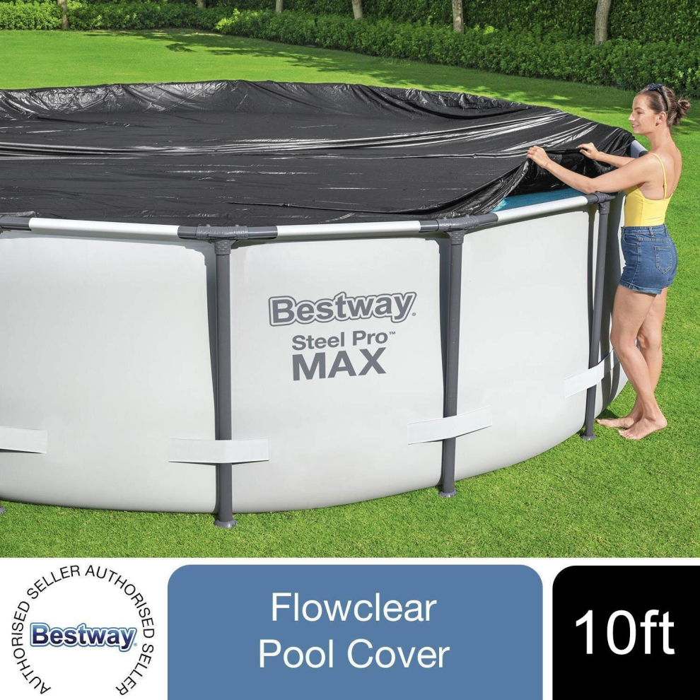 Bestway Flowclear 58036 10Ft Above Ground Steel Frame Pool Cover - Debris Blocking, Drain Holes, Ropes Included