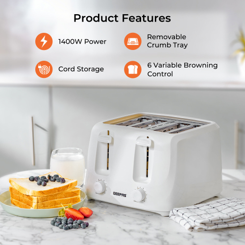 GEEPAS (White) Geepas Electric Kettle & 4 Slice Bread Toaster Set 1