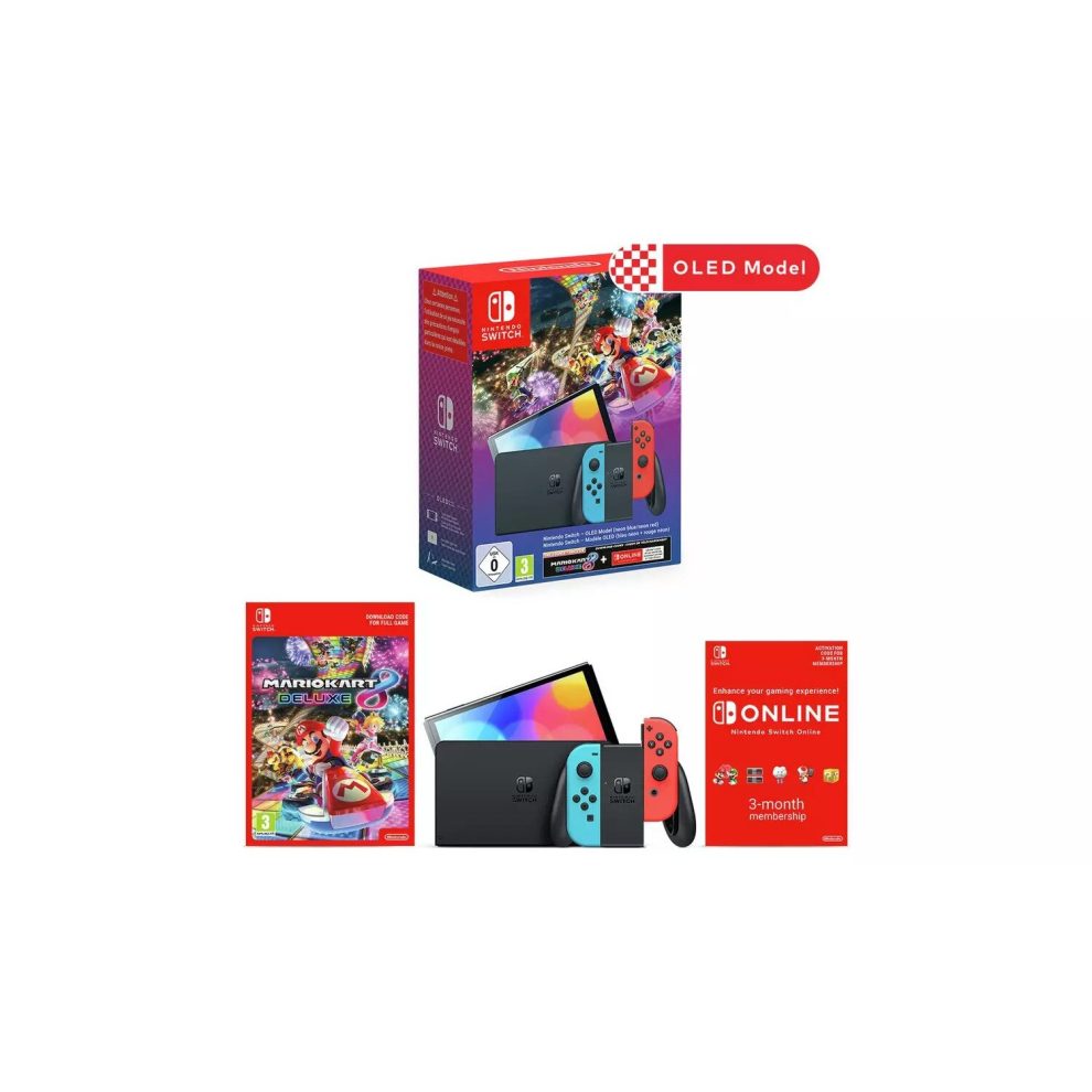 Nintendo Switch OLED Neon Red/Blue + Mario Kart 8 Deluxe Bundle + NSO