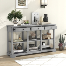 146cm Retro Console Table 3-Tier Wooden Side Table W/ 3 Drawers & Shelves