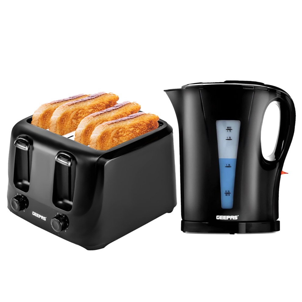 (Black) Geepas Electric Kettle & 4 Slice Bread Toaster Set