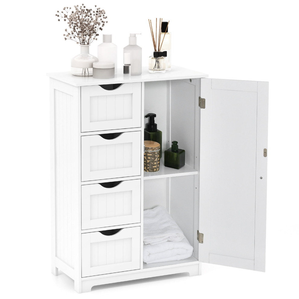 Bathroom Floor Cabinet Storage Organiser Cupboard W/4 Drawers & Adjustable Shelf